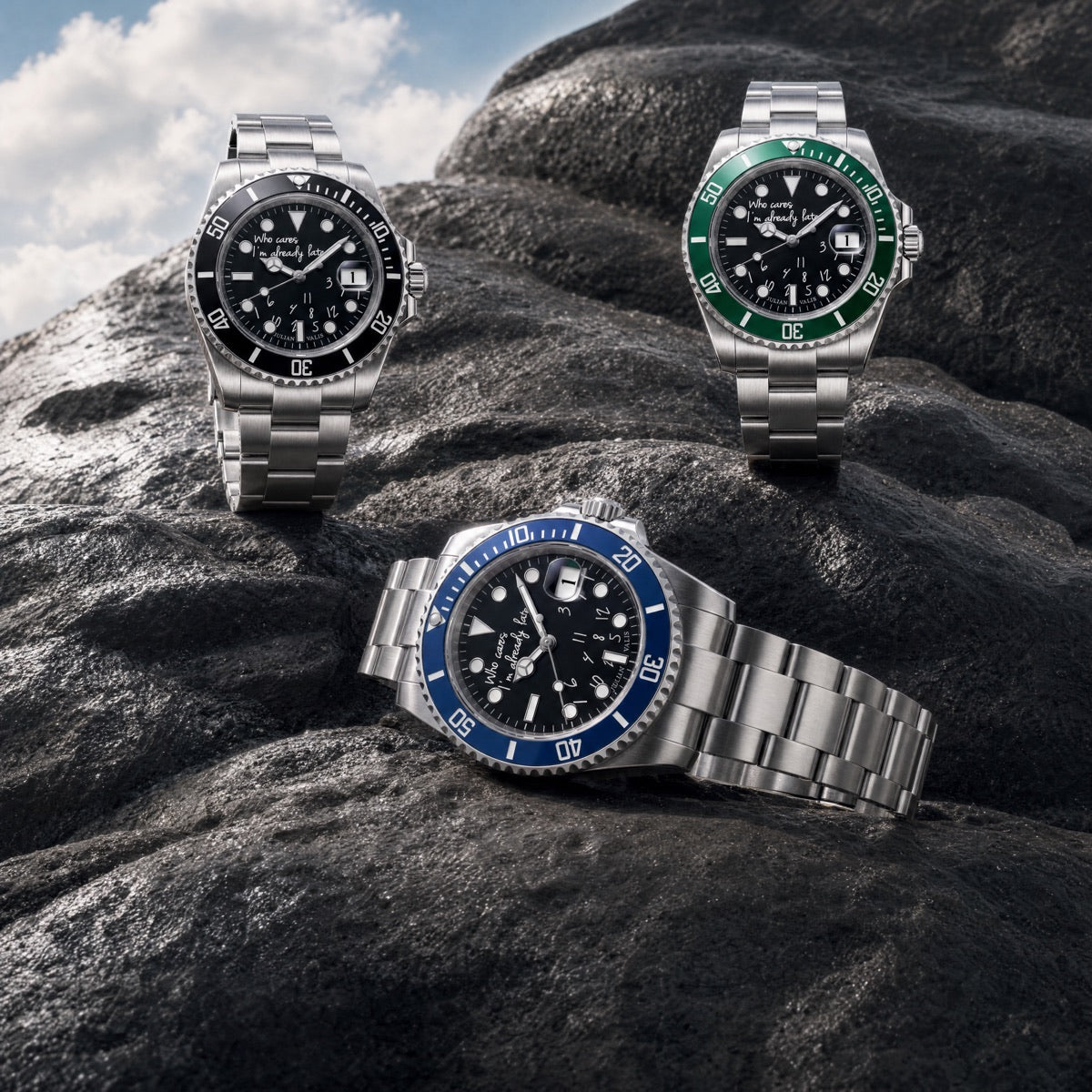 Three ABYSS watches arranged on dark rocks