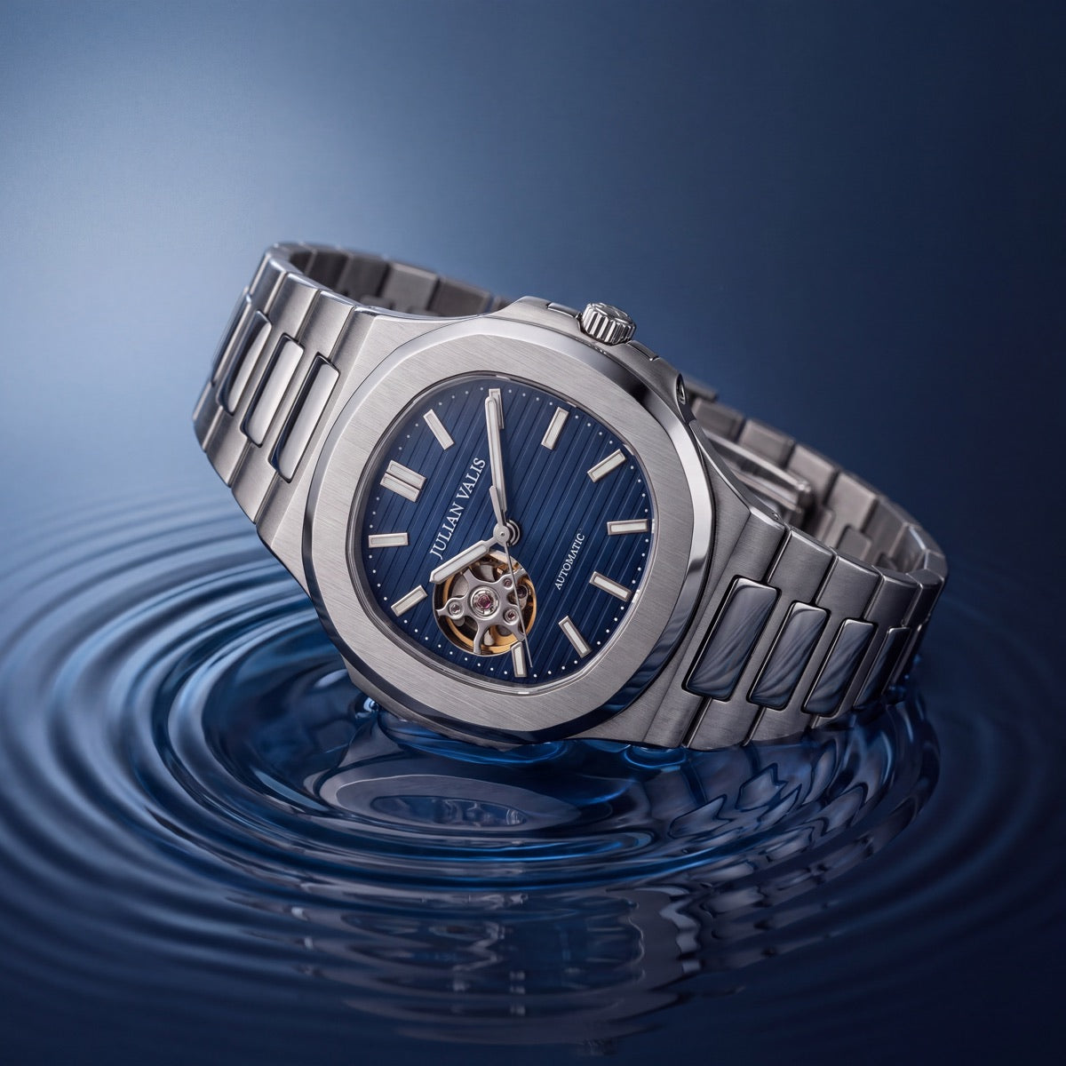 Blue-dial OPEN HEART watch against a blue rippled backdrop
